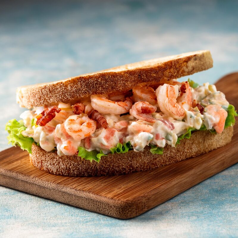 Photographie d'un pain farci d'une salade de crevettes avec des morceaux de bacon.