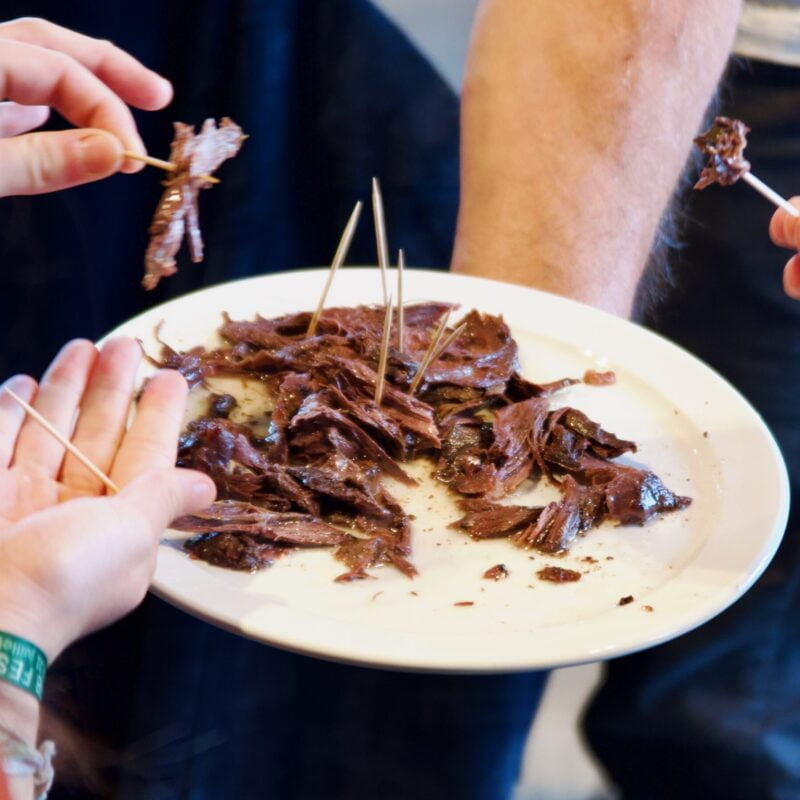 Personne qui tient une assiette avec des méniches de phoque braisée à la forestière et des mains qui tiennent des cure-dents plantés dans la viande qui goûtent.