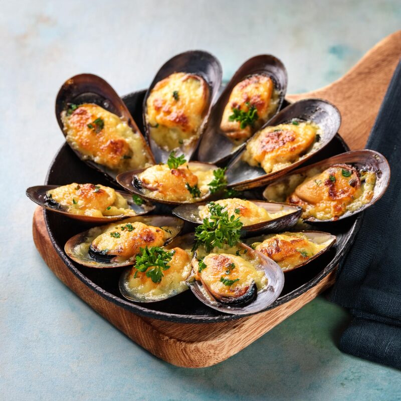 Photographie d'un plateau de moules ouvertes farcies au fromage.