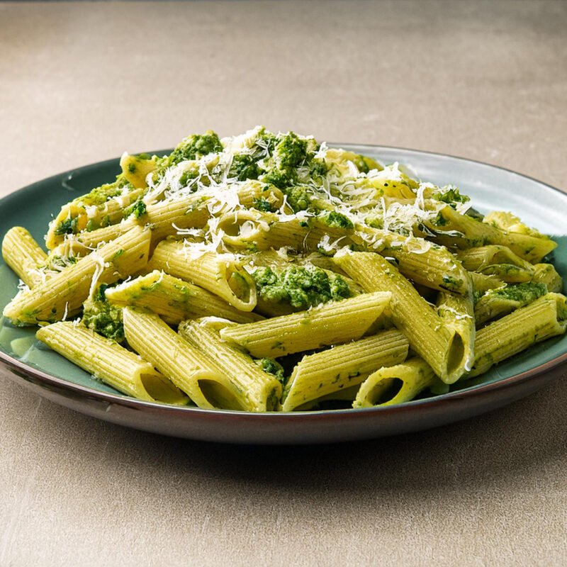 Photographie d'une assiette de penne au pesto.