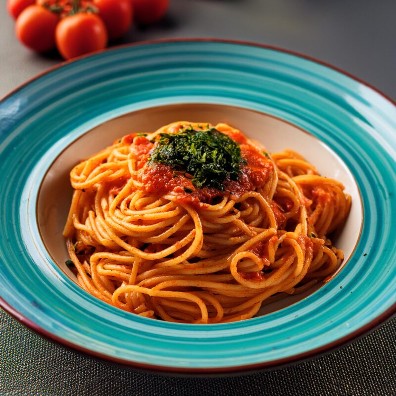 Photographie d'une assiette de spaghettis sauce tomate avec un peu d'algue sur le dessus.