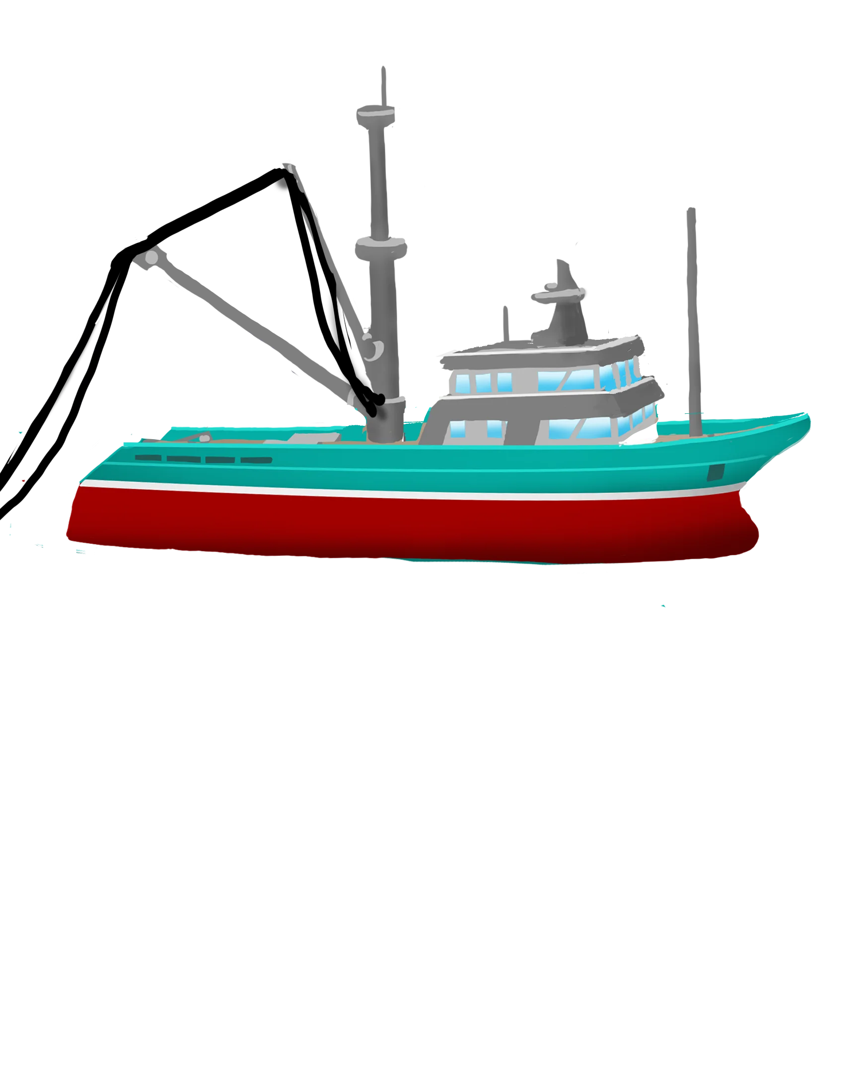 Colour illustration of a boat. Below it, sound waves are diffused.
