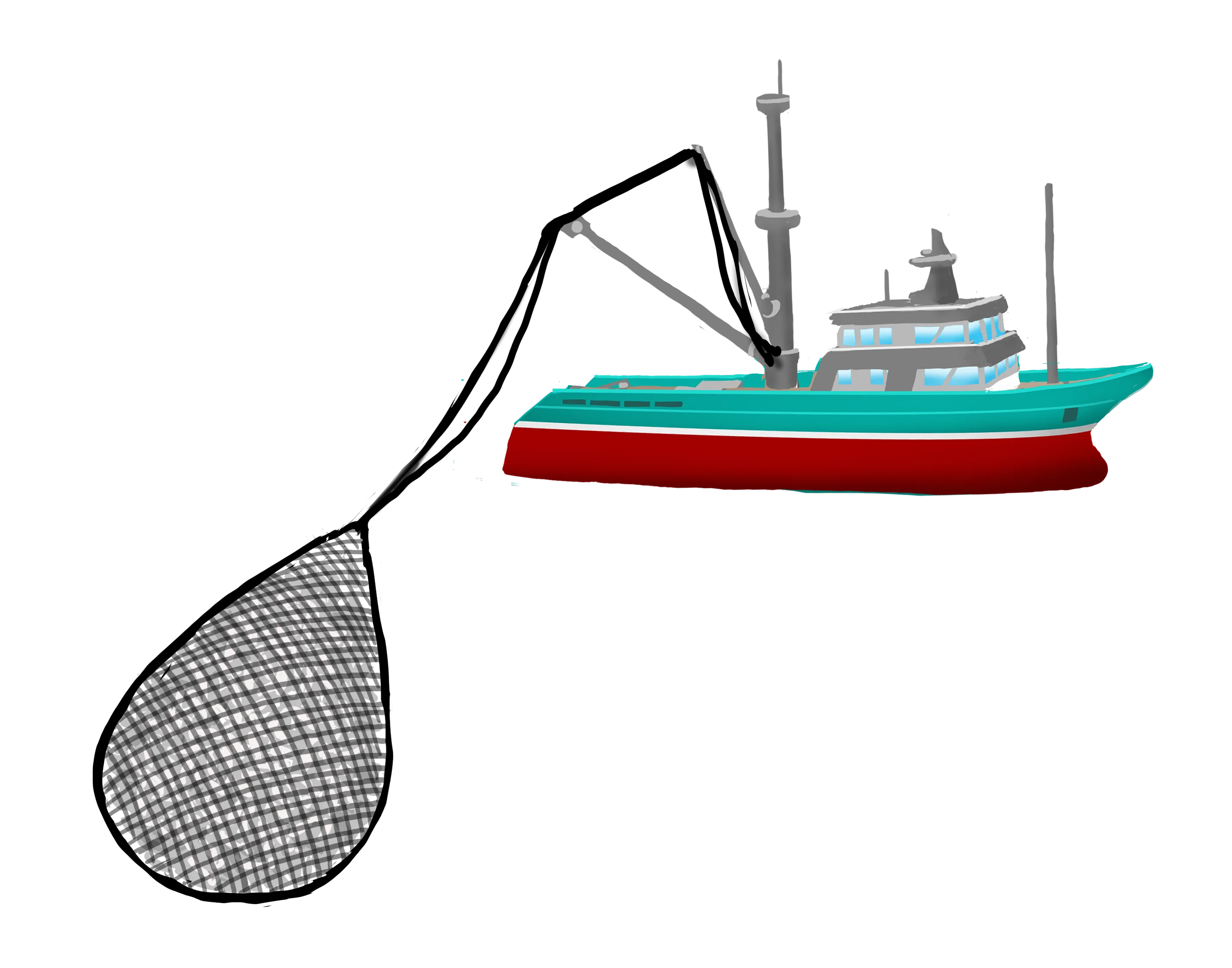 Colour illustration of a fishing boat hauling in a net full of fish.