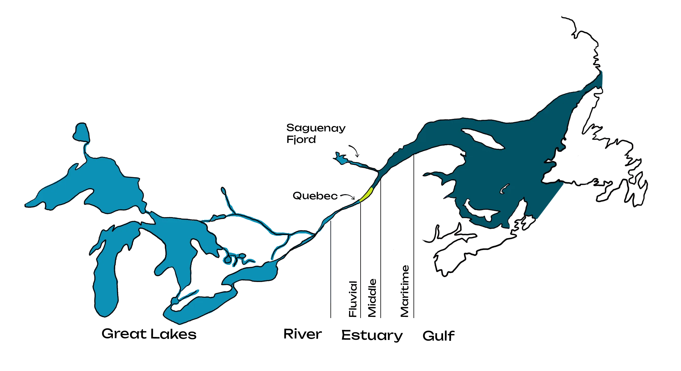 Colour aerial view of the St. Lawrence River, covering the Great Lakes to the Gulf of St. Lawrence. Indications pointing out the river, fluvial estuary, middle estuary, maritime estuary and gulf sections.