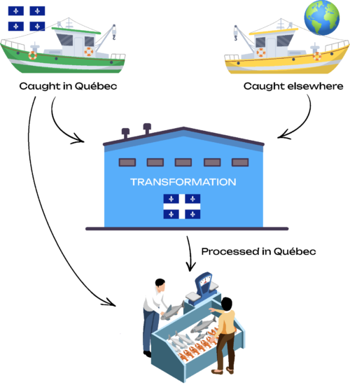 Illustration showing, top left, a green boat with a Québec flag and the words “Caught in Québec”; top right, a yellow boat with a globe and the words “Caught elsewhere.” Arrows from both boats lead to a processing plant in the centre, with a Québec flag. An arrow reading “Processed in Québec” leads from the plant to a fish market counter. An arrow links the words “Caught in Québec” to the fish market counter.